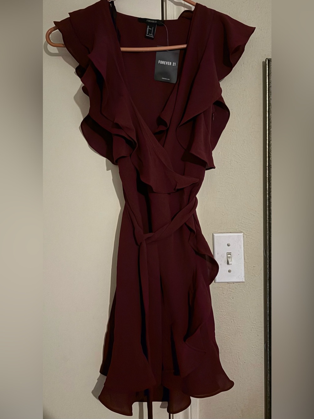 Forever 21 Wine Ruffle Wrap Midi Dress